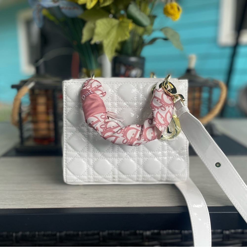 White Quilted Mini Bag – Gloss Finish w/ Designer-Inspired Scarf Handle
